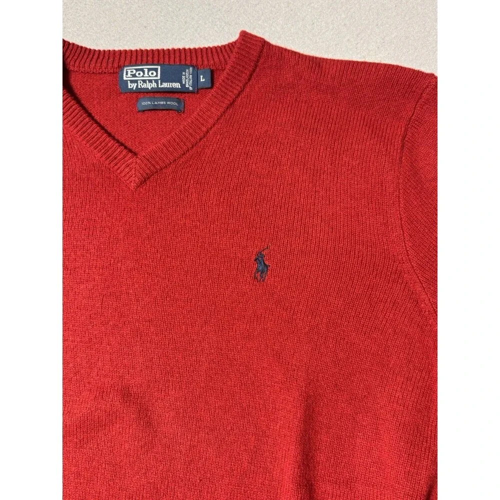 Polo Ralph Lauren Long Sleeve V-Neck 100% Lambs Wool Sweater Mens Size L Red